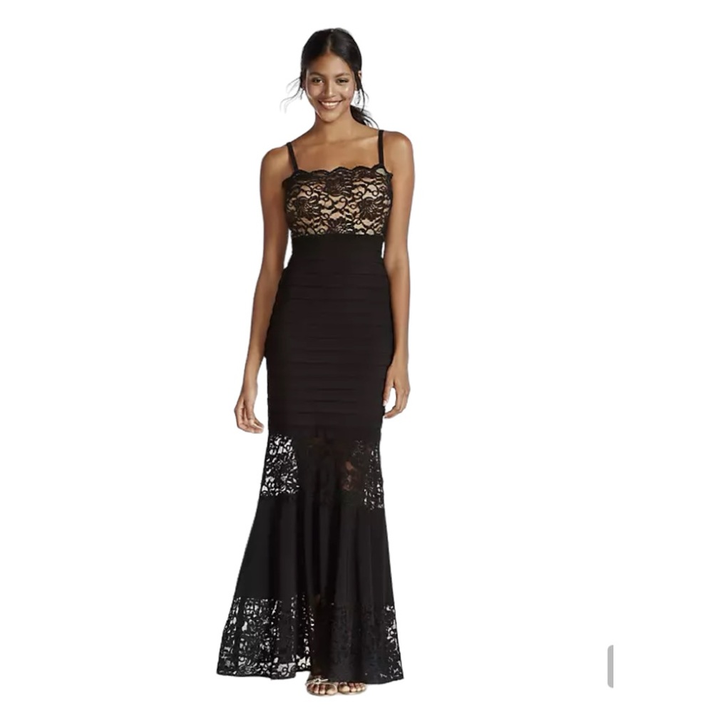 New XSCAPE Illusion Black Lace Banded Dress Long Gown Sleeveless • Size 10